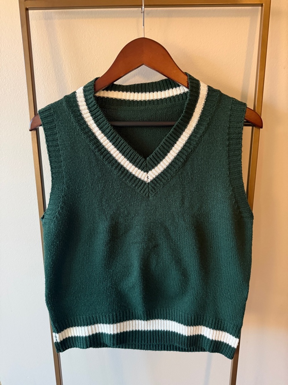 Forest Green V-Neck Sweater Vest with White Trim